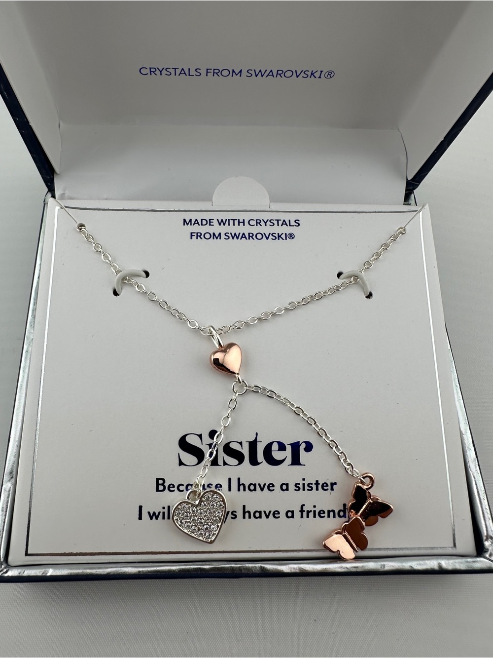 Swarovski Silver Necklace with Rose Gold Heart Accents